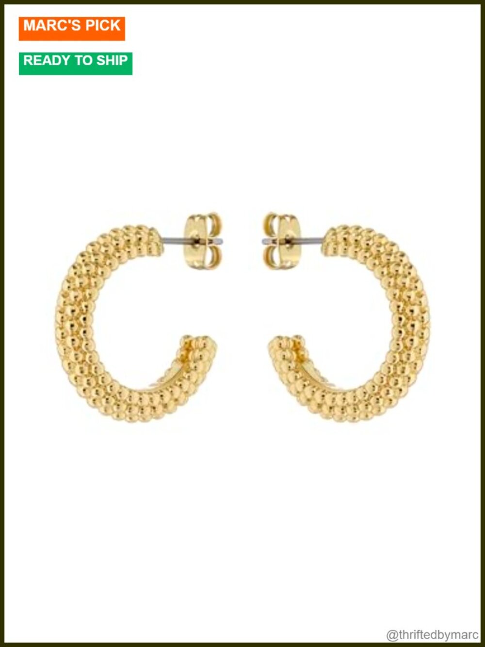 Gold-Tone Plated Brass Textured Hoop Earrings Push Back